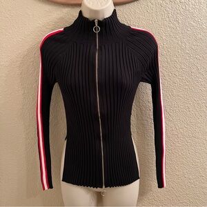 Chic Black Ribbed Zip-Up Hoodie with Red and White Stripes